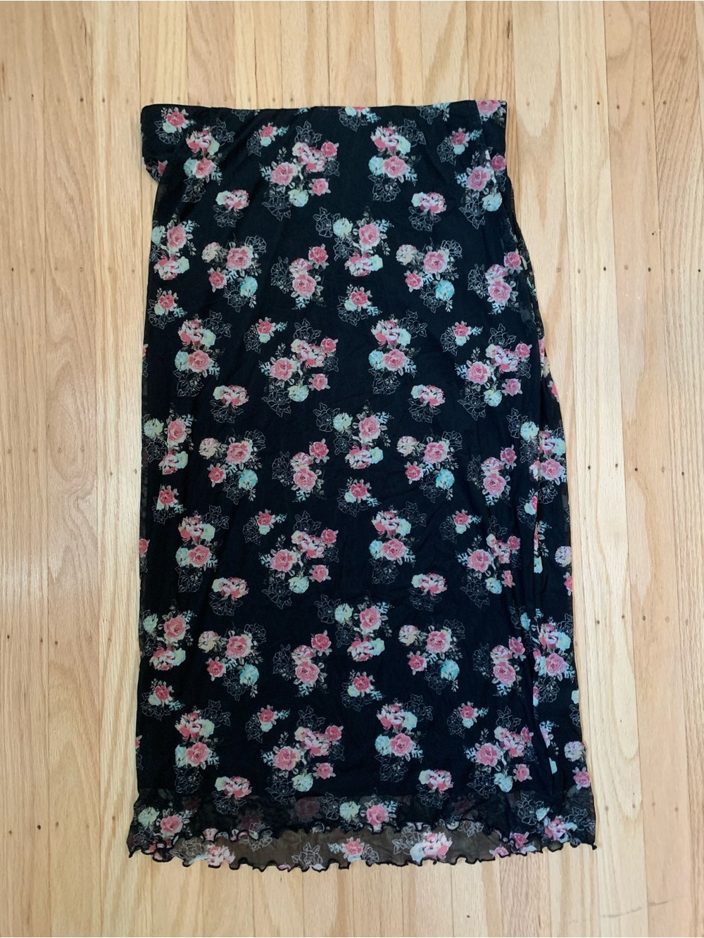 Torrid black floral midi skirt with pink, white, and light blue flowers